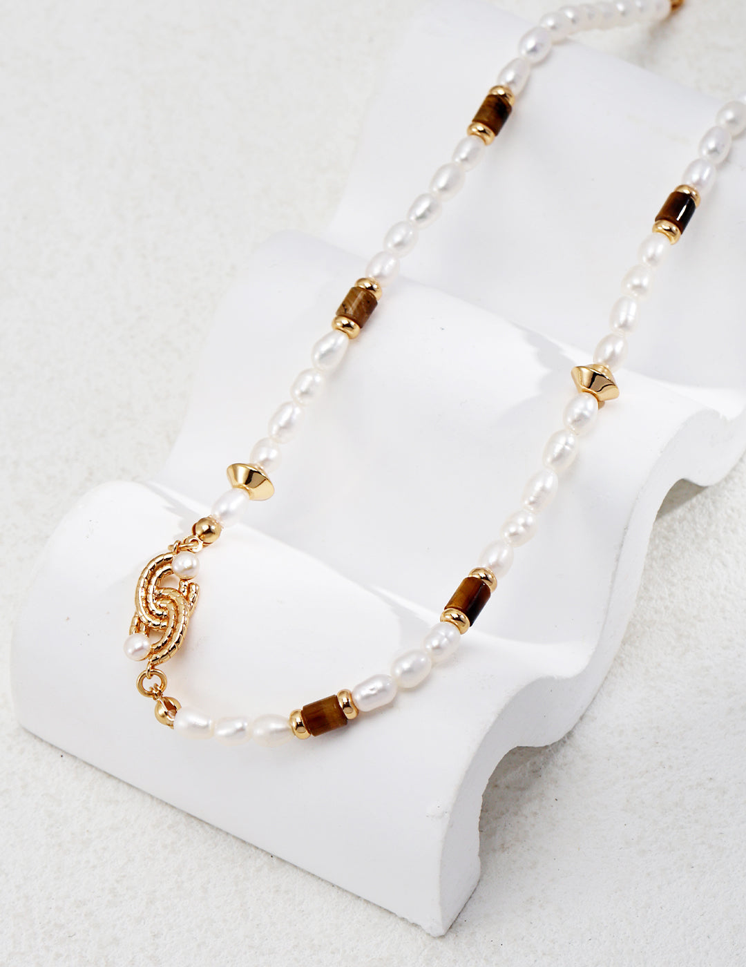 tiger eye pearl silver gold necklace