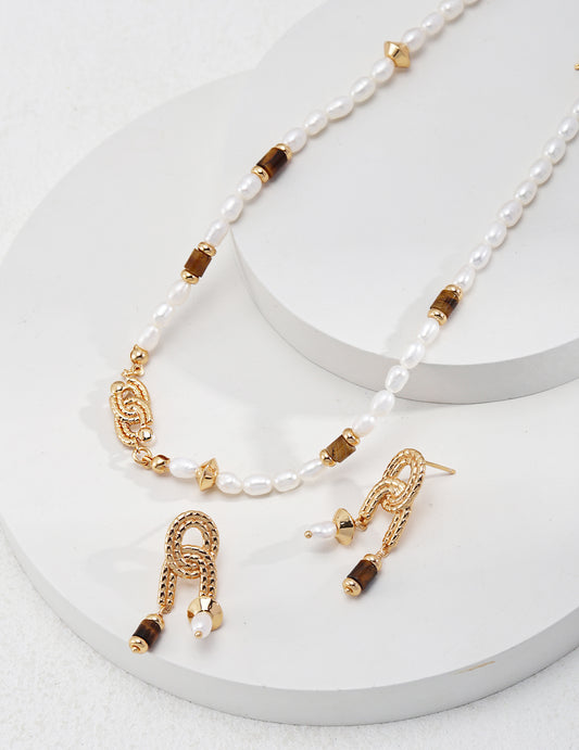 tiger eye pearl necklace and earrings silver gold